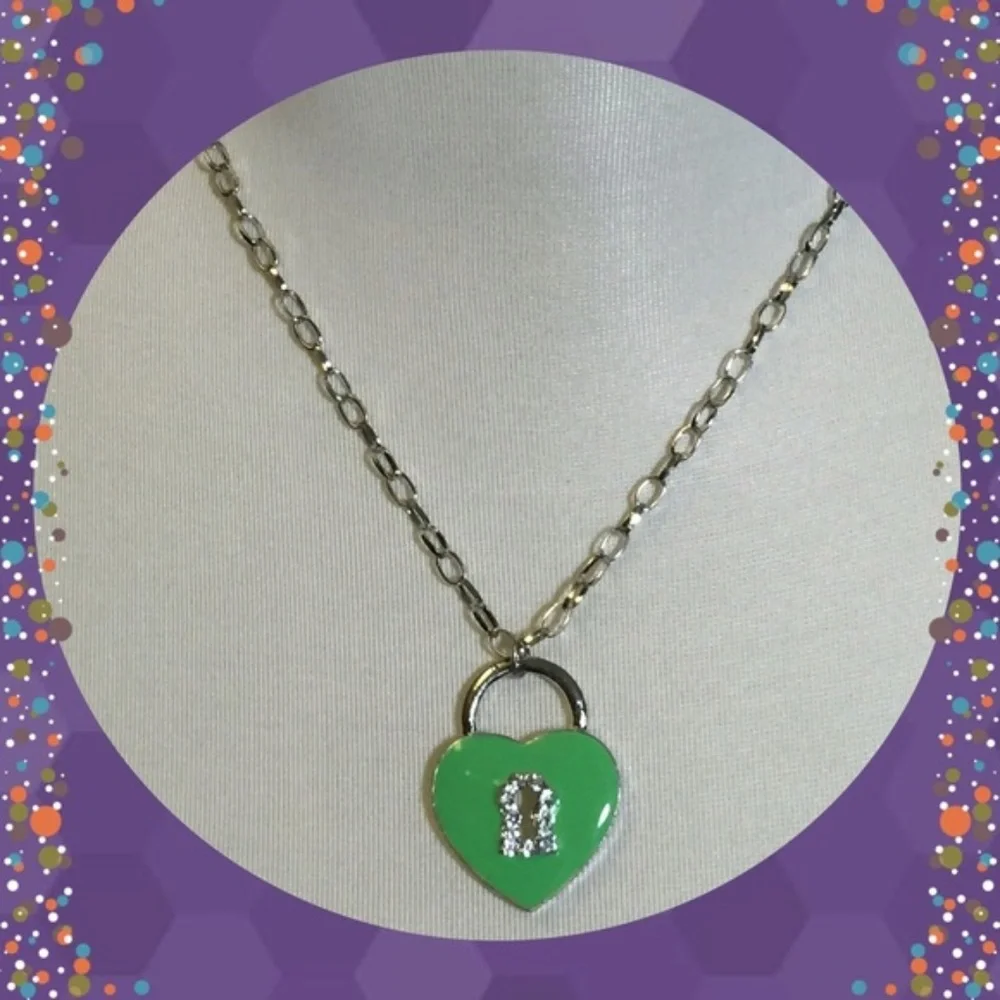 2/$10 Girls Green Heart Lock Rhinestone Pendant Necklace | 7 Inch